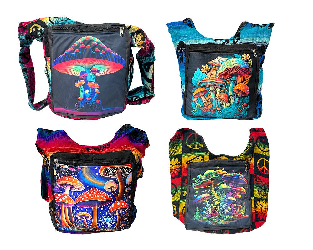Four colorful shoulder bags with mushroom designs on a white background