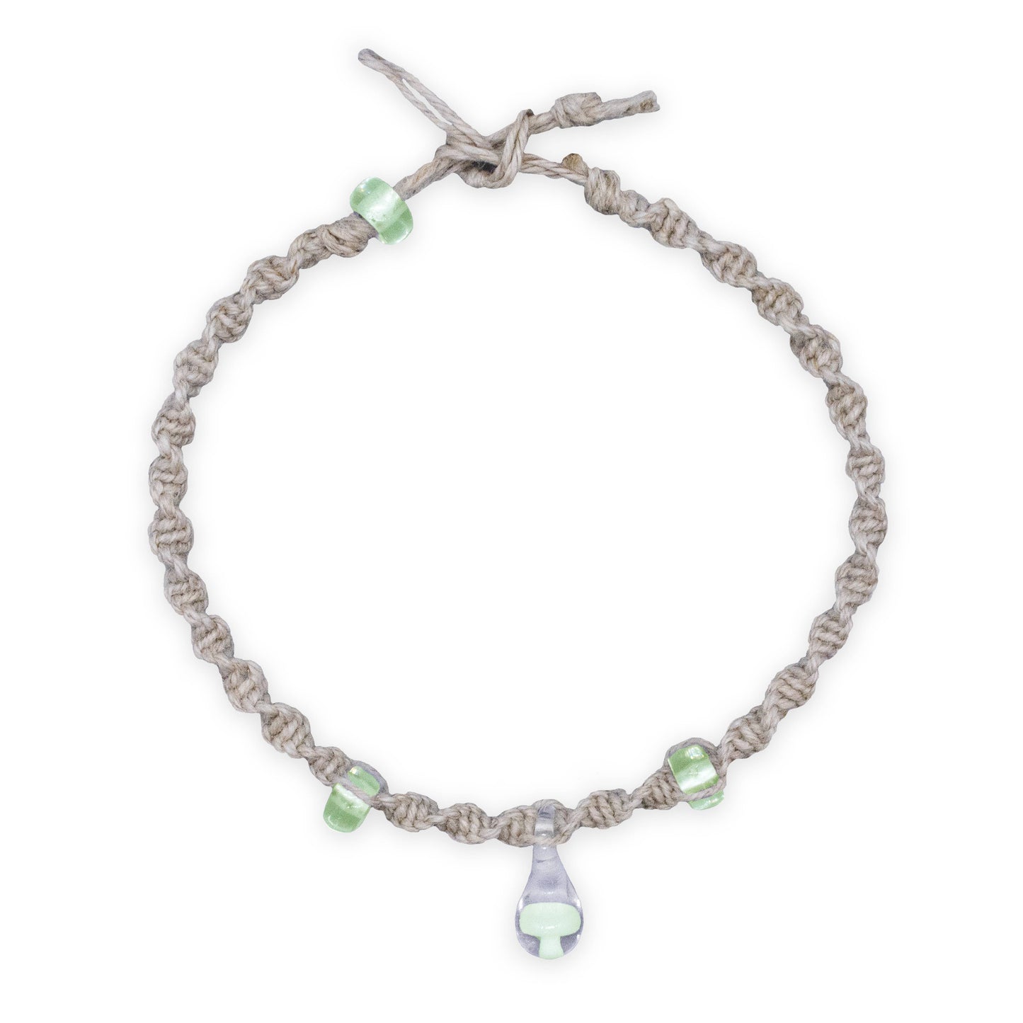 Bracelet with gray cord and green beads on a white background