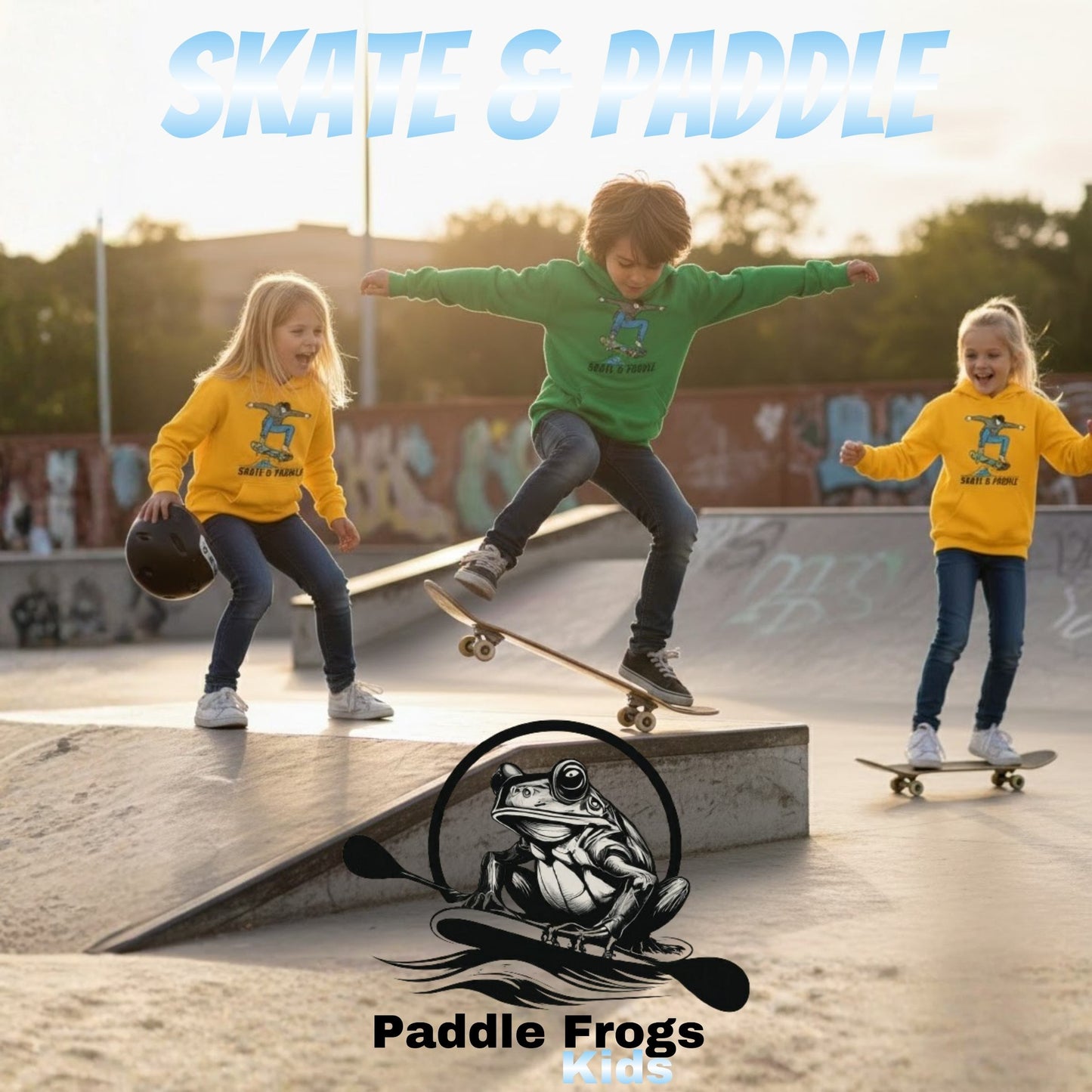 Children skateboarding at a skate park with 'Paddle Frogs Kids' branding. Wearing the "Skate & Paddle" Chlorophyll Cruiser Youth Hoodie by Paddle Frogs™ 