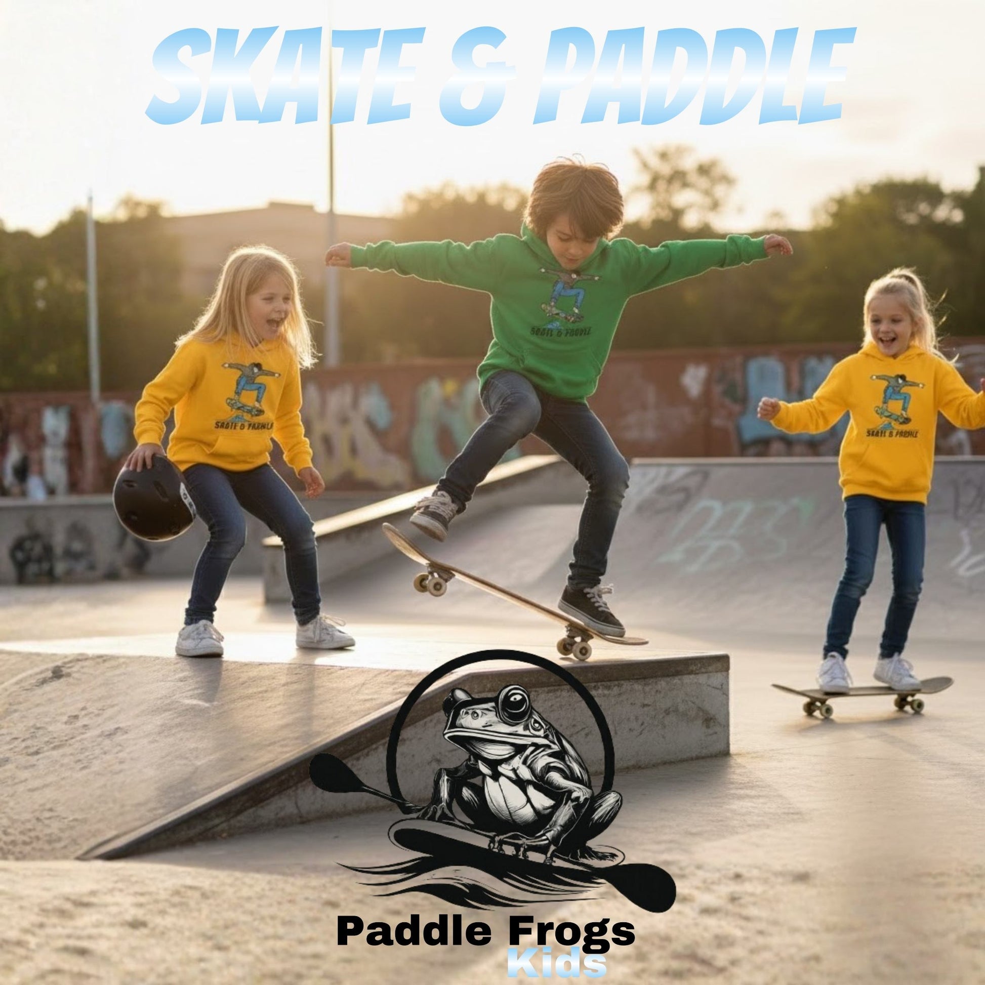 Children skateboarding at a skate park with 'Paddle Frogs Kids' branding. Wearing the "Skate & Paddle" Chlorophyll Cruiser Youth Hoodie by Paddle Frogs™ 
