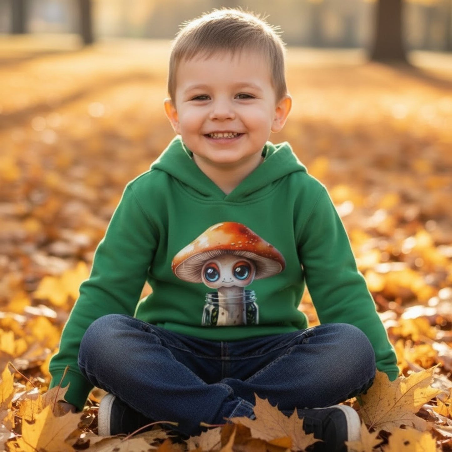 3 year old boy sitting crisscross applesauce in the autumn leaves wearing Sporeli Toddler Hoodie | Mushroom in a Jar | Paddle Frogs™ Kelly Green