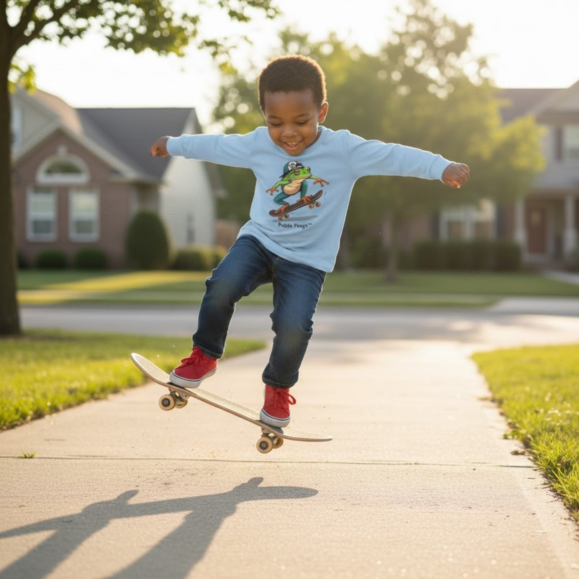 3 year old does an ollie wearing Light Blue 🛹 Leap & Ollie Tee: The Froggie Skate Adventure Paddle Frogs™ 