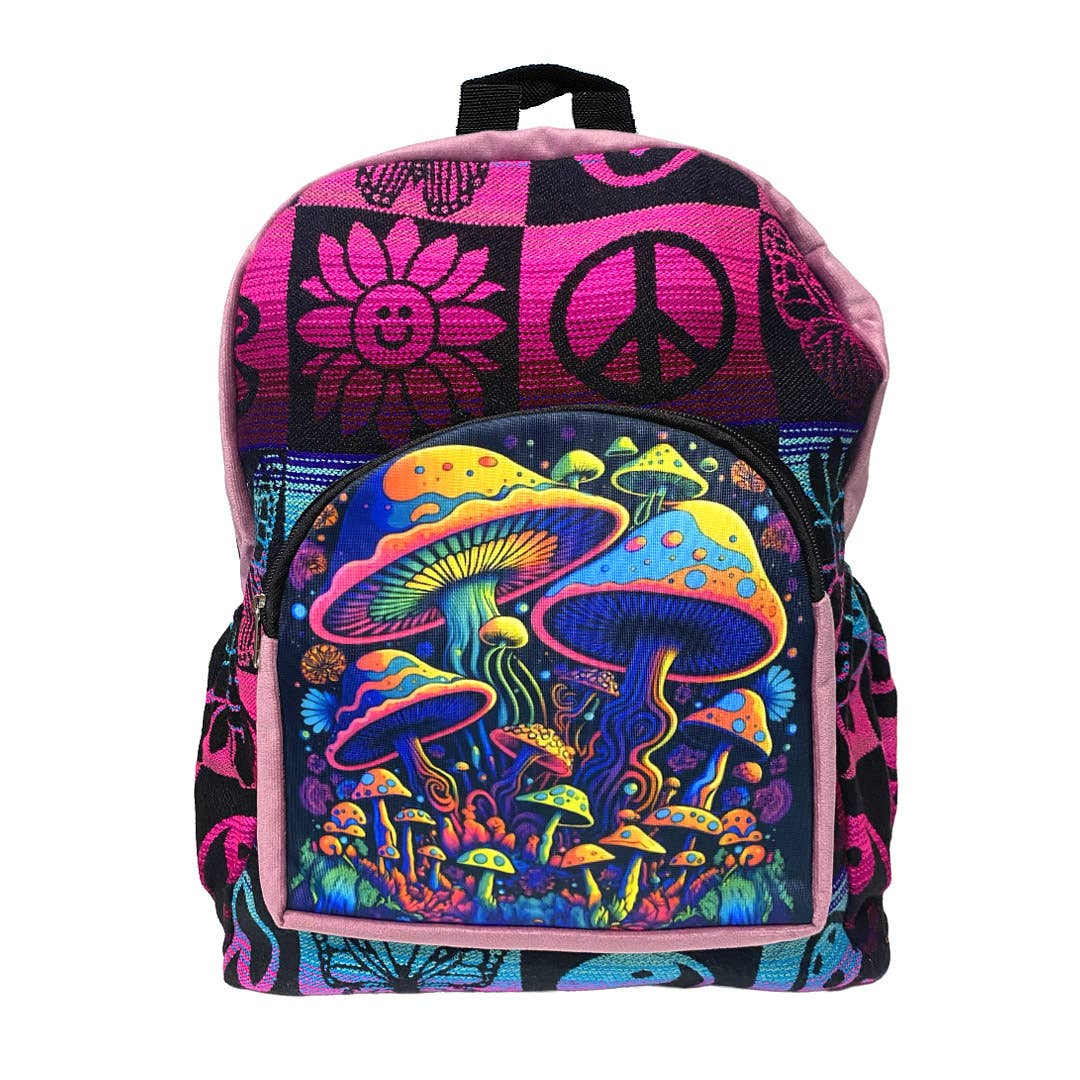 Backpack with colorful mushroom design and peace symbol on a white background