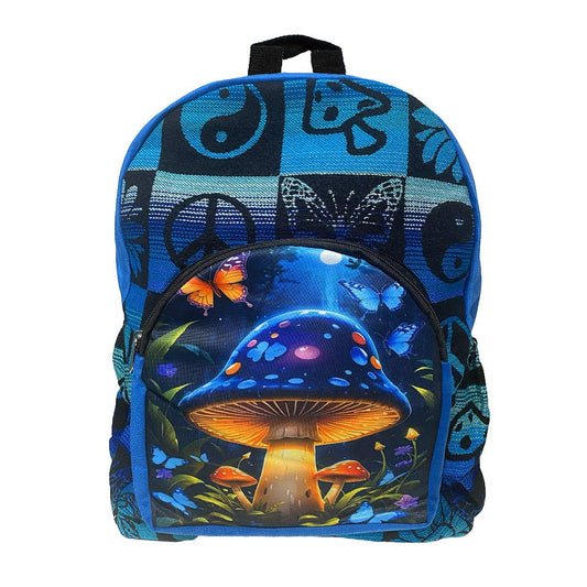 Backpack with a mushroom and butterfly design on a blue patterned background