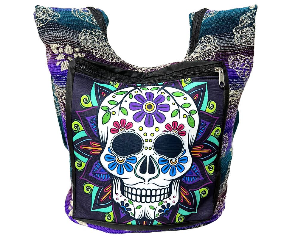 Colorful skull design bag with floral patterns on a white background