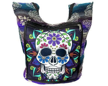 Colorful skull design bag with floral patterns on a white background