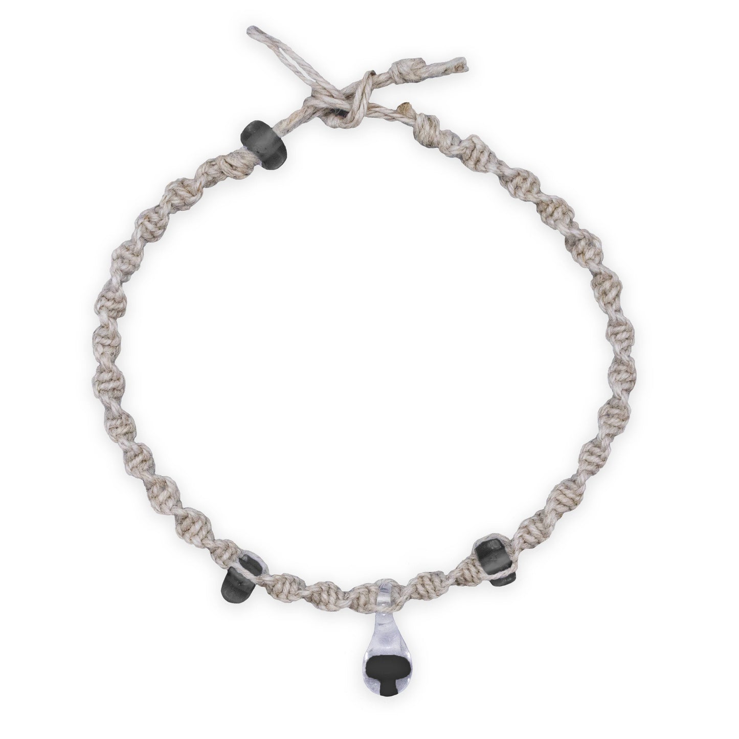 Bracelet with braided design and black beads on a white background