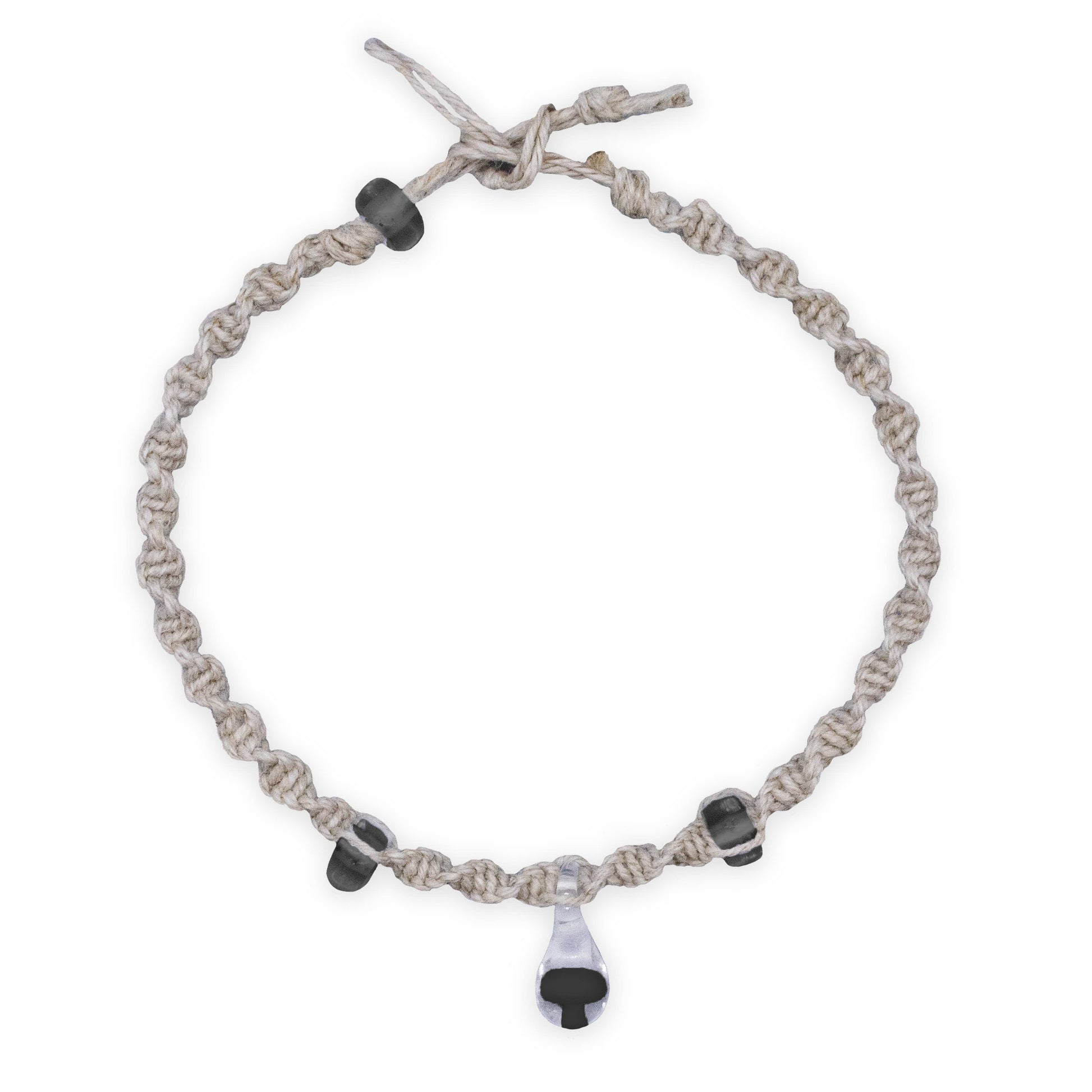 Bracelet with braided design and black beads on a white background