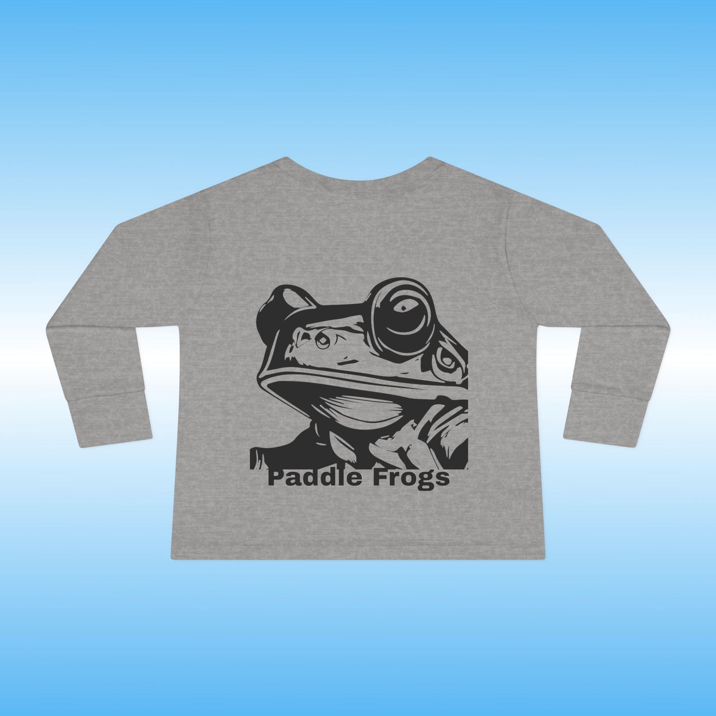 Gray long-sleeve shirt with a black frog graphic and 'Paddle Frogs' text on a blue background