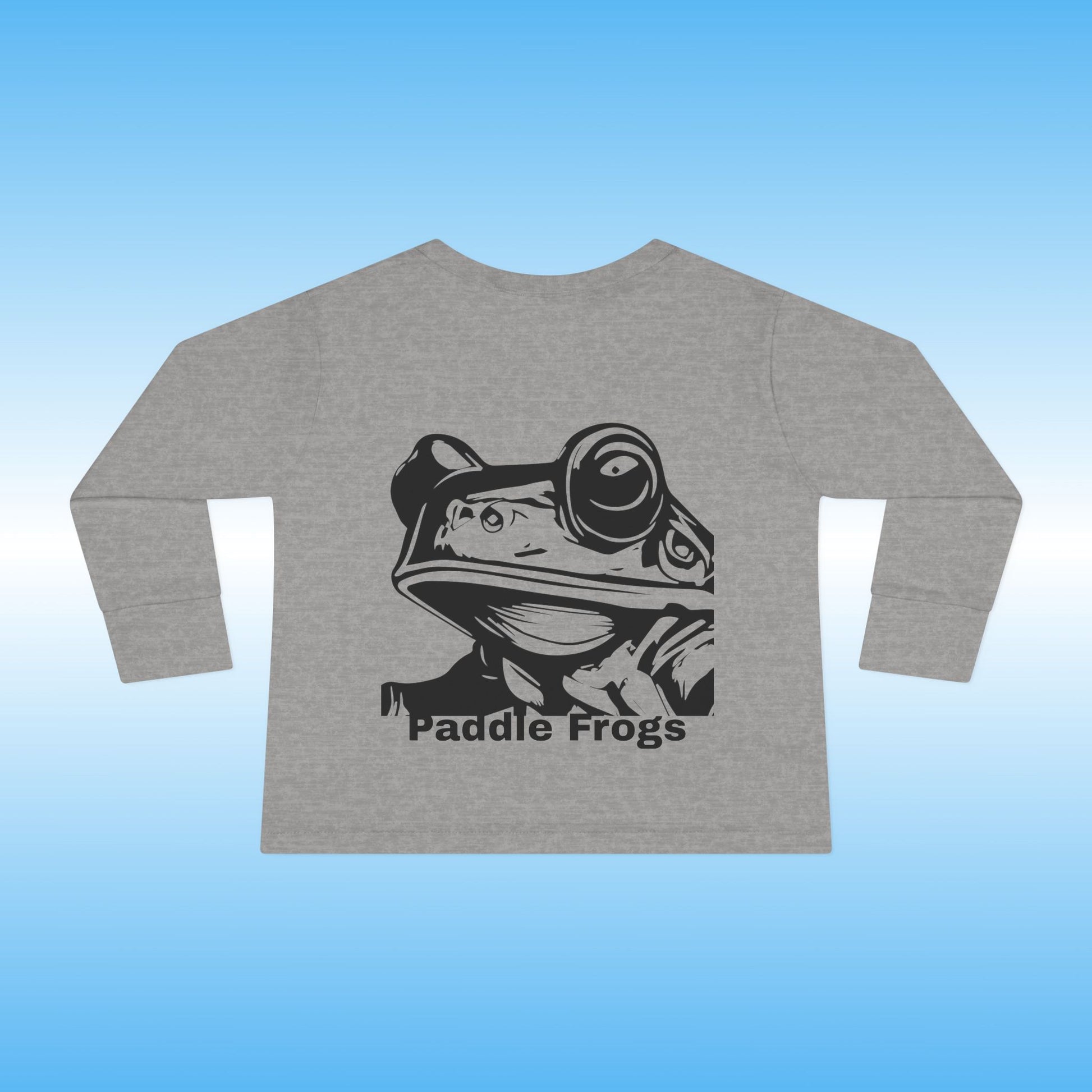 Gray long-sleeve shirt with a black frog graphic and 'Paddle Frogs' text on a blue background