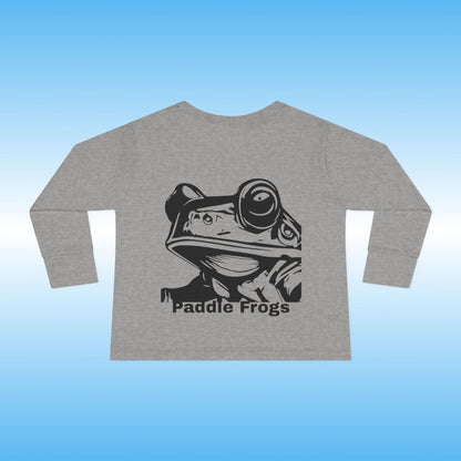 Gray long-sleeve shirt with a black frog graphic and 'Paddle Frogs' text on a blue background