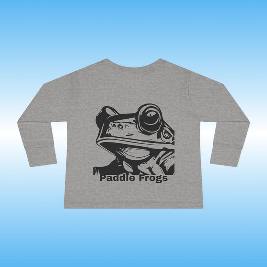 Gray long-sleeve shirt with a black frog graphic and 'Paddle Frogs' text on a blue background
