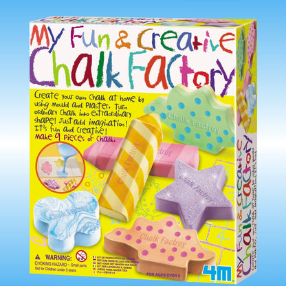 4M My Fun & Creative Chalk Factory toy set in its original retail box, featuring colorful illustrated chalk pieces and product description text on a light blue gradient background.
