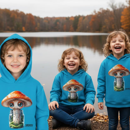4 year old girl laughing beside the lake fall season wearing the Sporeli Toddler Hoodie | Mushroom in a Jar | Paddle Frogs™ Turquoise blue