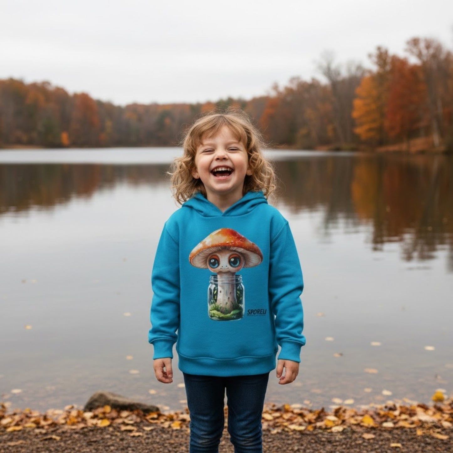 4 year old girl laughing beside the lake in autumn Sporeli Toddler Hoodie | Mushroom in a Jar | Paddle Frogs™ Turquoise blue