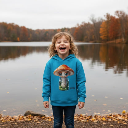 4 year old girl laughing beside the lake in autumn Sporeli Toddler Hoodie | Mushroom in a Jar | Paddle Frogs™ Turquoise blue
