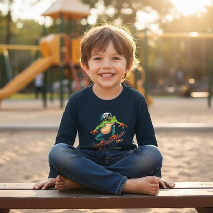 4 year old sitting crisscross applesauce wearing Navy Blue 🛹 Leap & Ollie Tee: The Froggie Skate Adventure Paddle Frogs™