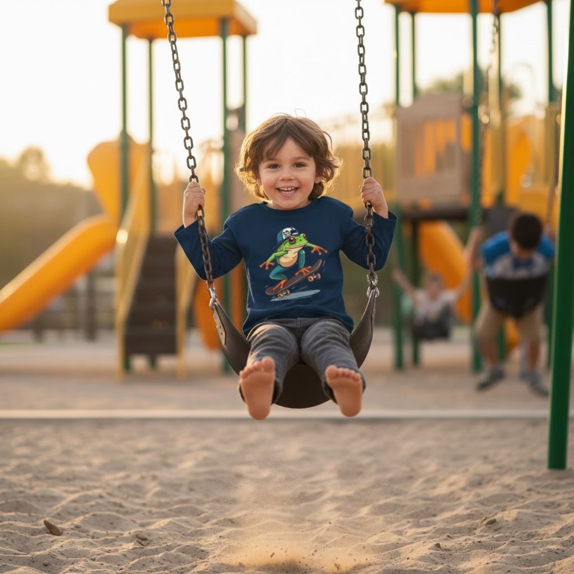 4 year old swinging at the playground wearing Navy Blue 🛹 Leap & Ollie Tee: The Froggie Skate Adventure Paddle Frogs™