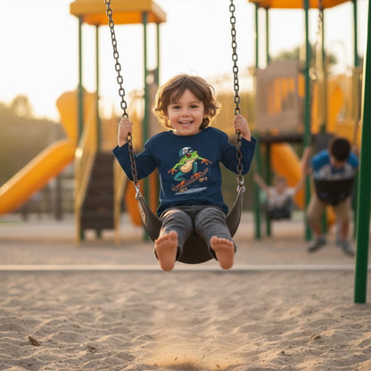 4 year old swinging at the playground wearing Navy Blue 🛹 Leap & Ollie Tee: The Froggie Skate Adventure Paddle Frogs™