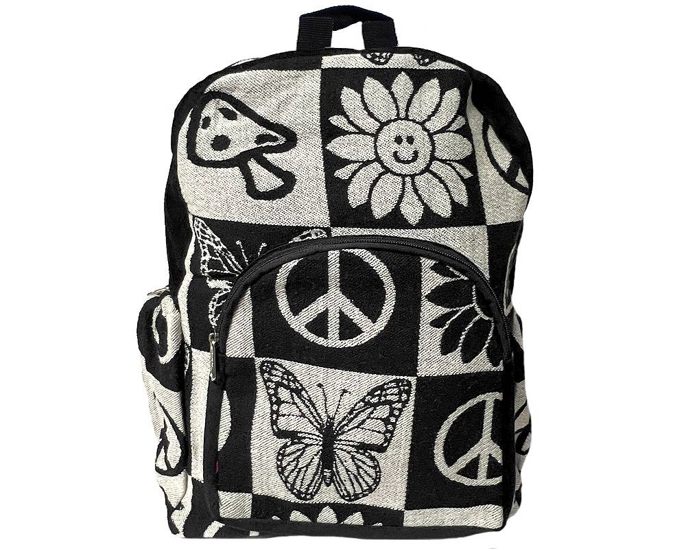 Backpack with peace signs, flowers, and butterflies on a checkered pattern