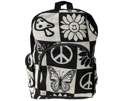 Backpack with peace signs, flowers, and butterflies on a checkered pattern