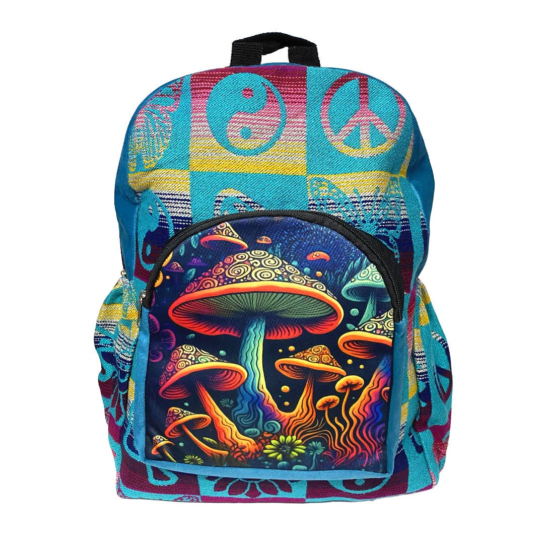 Colorful backpack with mushroom design and peace signs on a white background