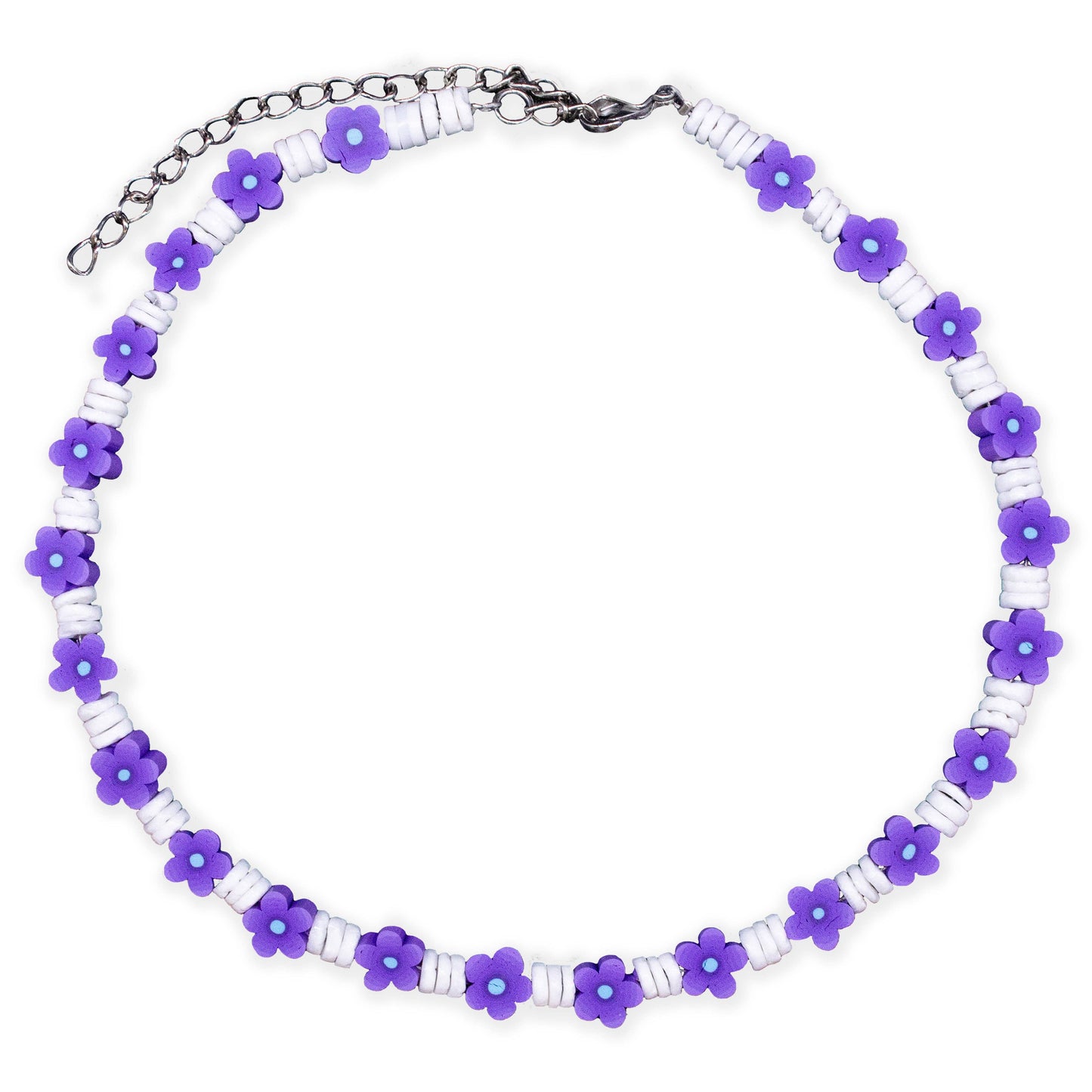 Girls 16-Inch Genuine White Clam Shell & Fimo Daisy Necklace (Blue & Green)
