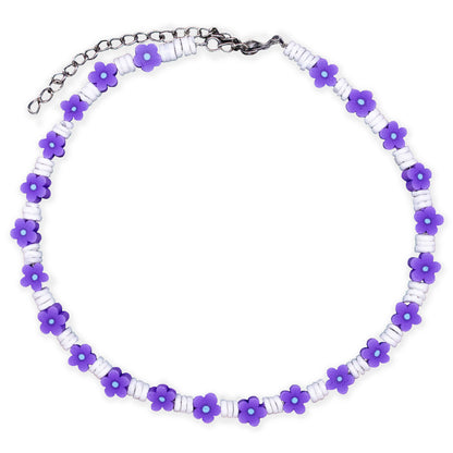 Girls 16-Inch Genuine White Clam Shell & Fimo Daisy Necklace (Blue & Green)
