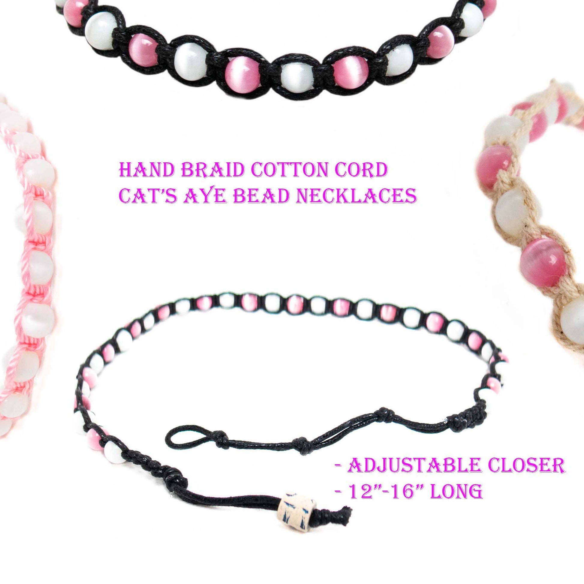 Hand braided cotton cord cat's eye bead necklaces with adjustable closer on a white background.