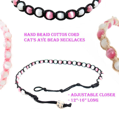 Hand braided cotton cord cat's eye bead necklaces with adjustable closer on a white background.
