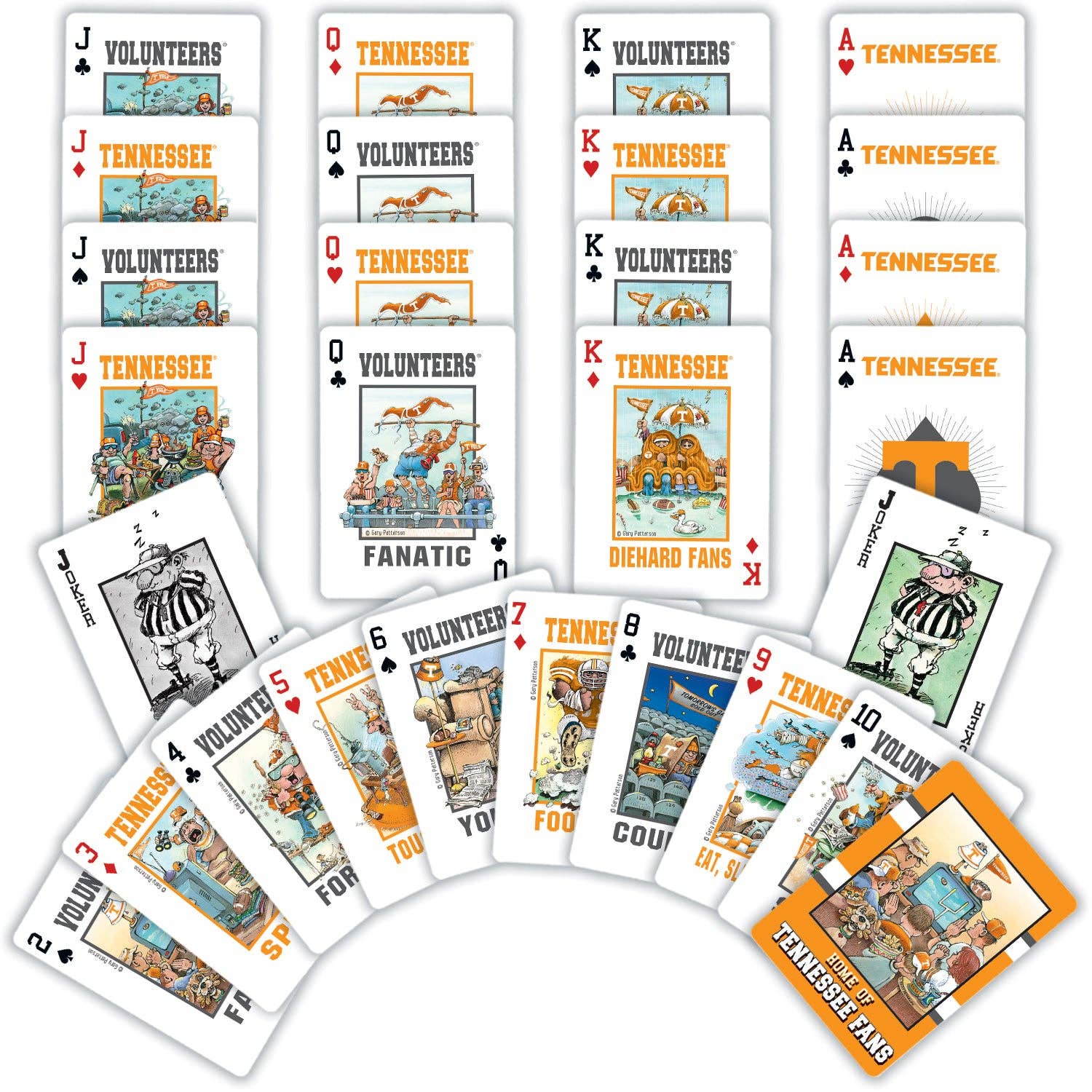 Set of playing cards with Tennessee Volunteers theme on a white background