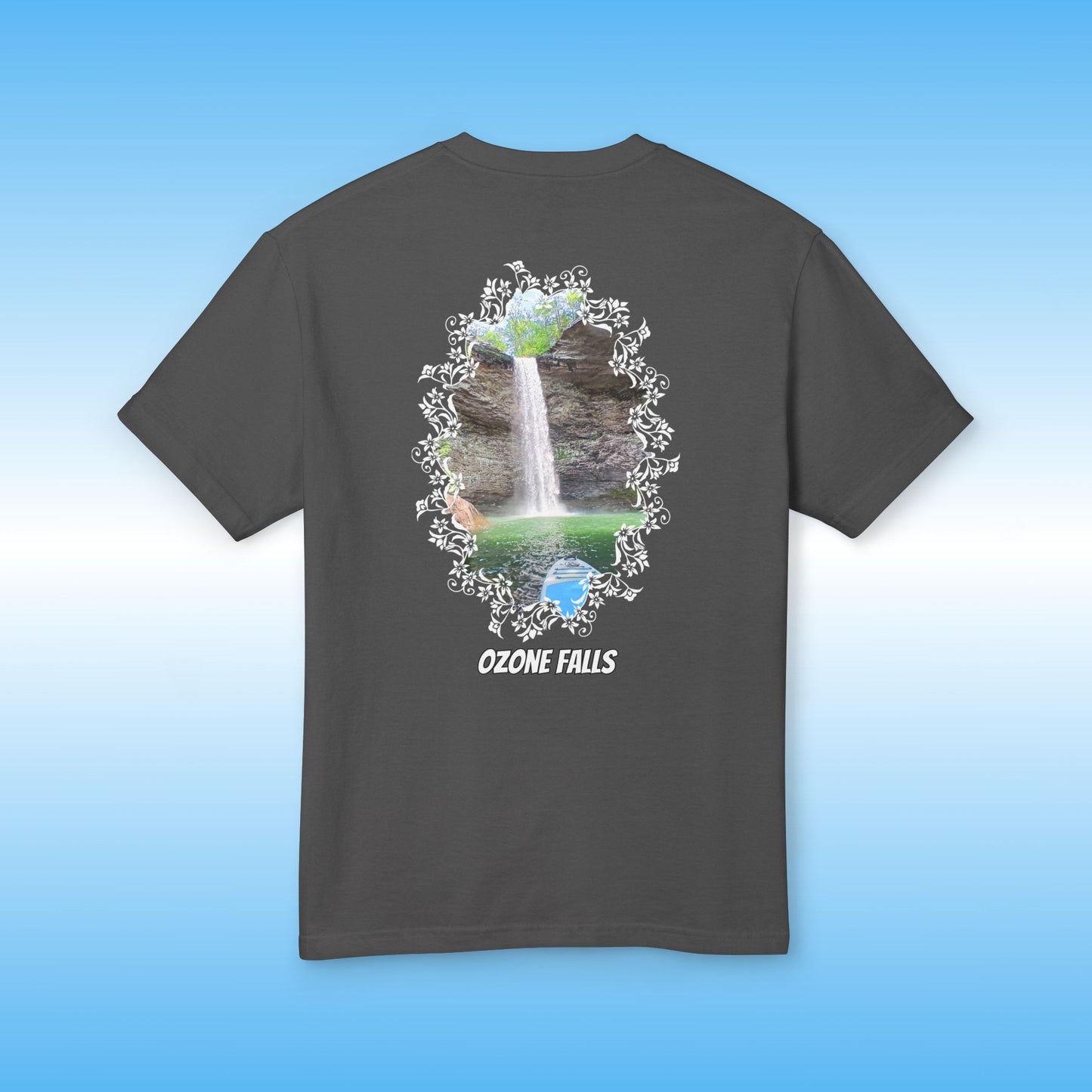 Black t-shirt with a graphic of Ozone Falls on a blue background