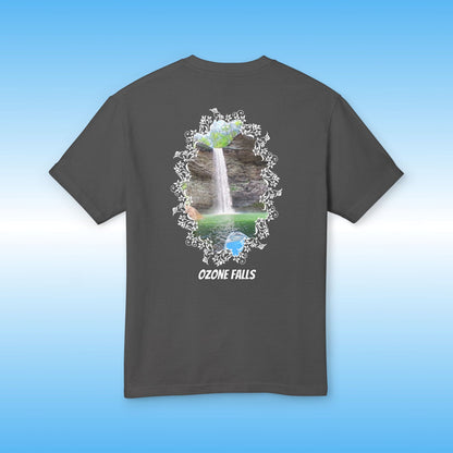 Black t-shirt with a graphic of Ozone Falls on a blue background