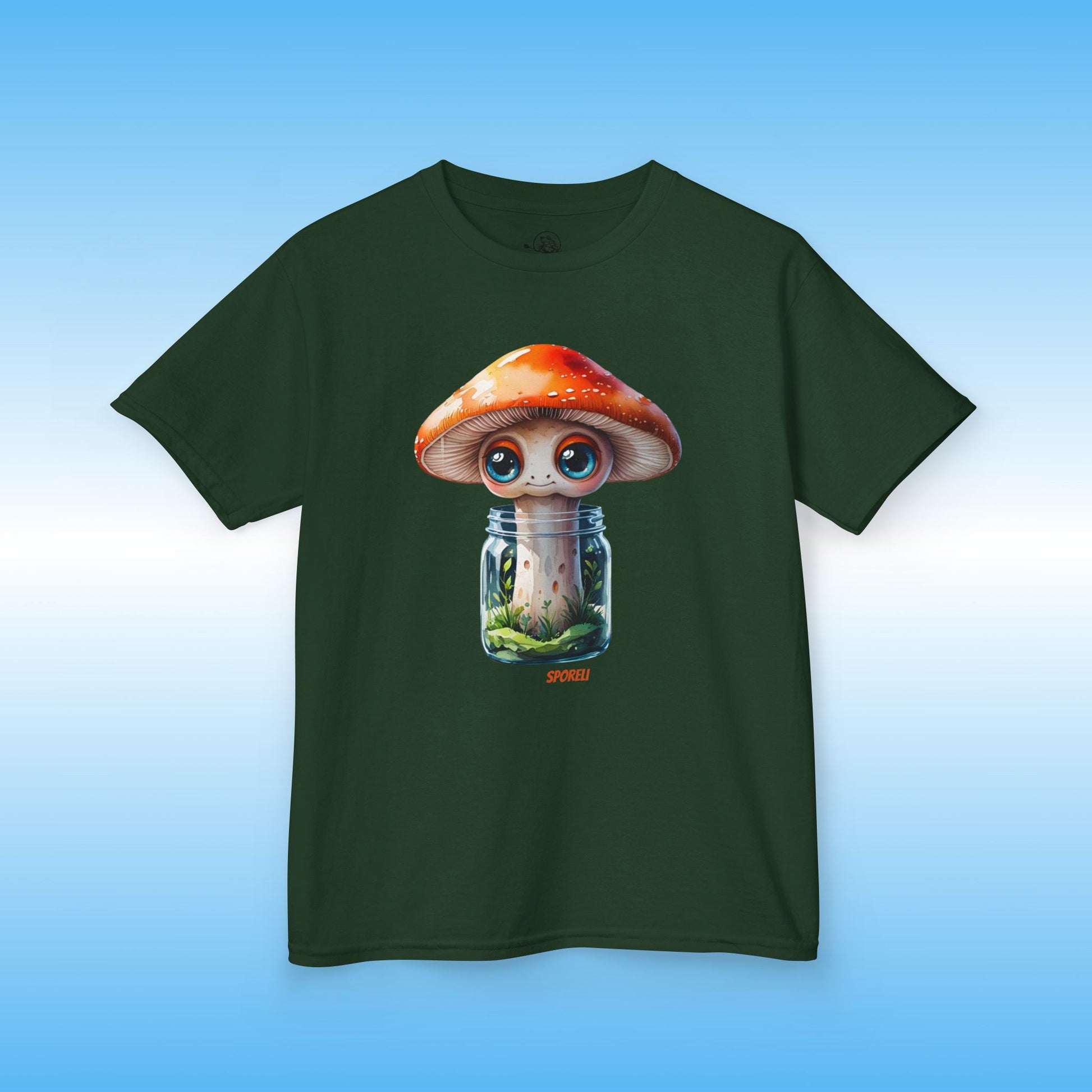 Green t-shirt with a mushroom design on a blue background Sporeli
