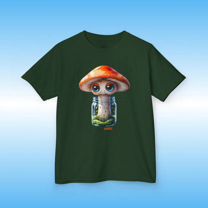 Green t-shirt with a mushroom design on a blue background Sporeli