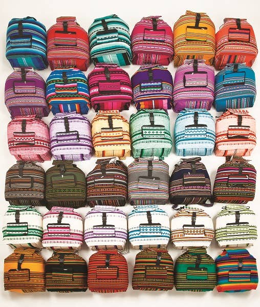 Collection of colorful patterned bags arranged in a grid.