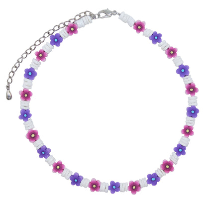 Girls 16-Inch Genuine White Clam Shell & Fimo Daisy Necklace (Blue & Green)