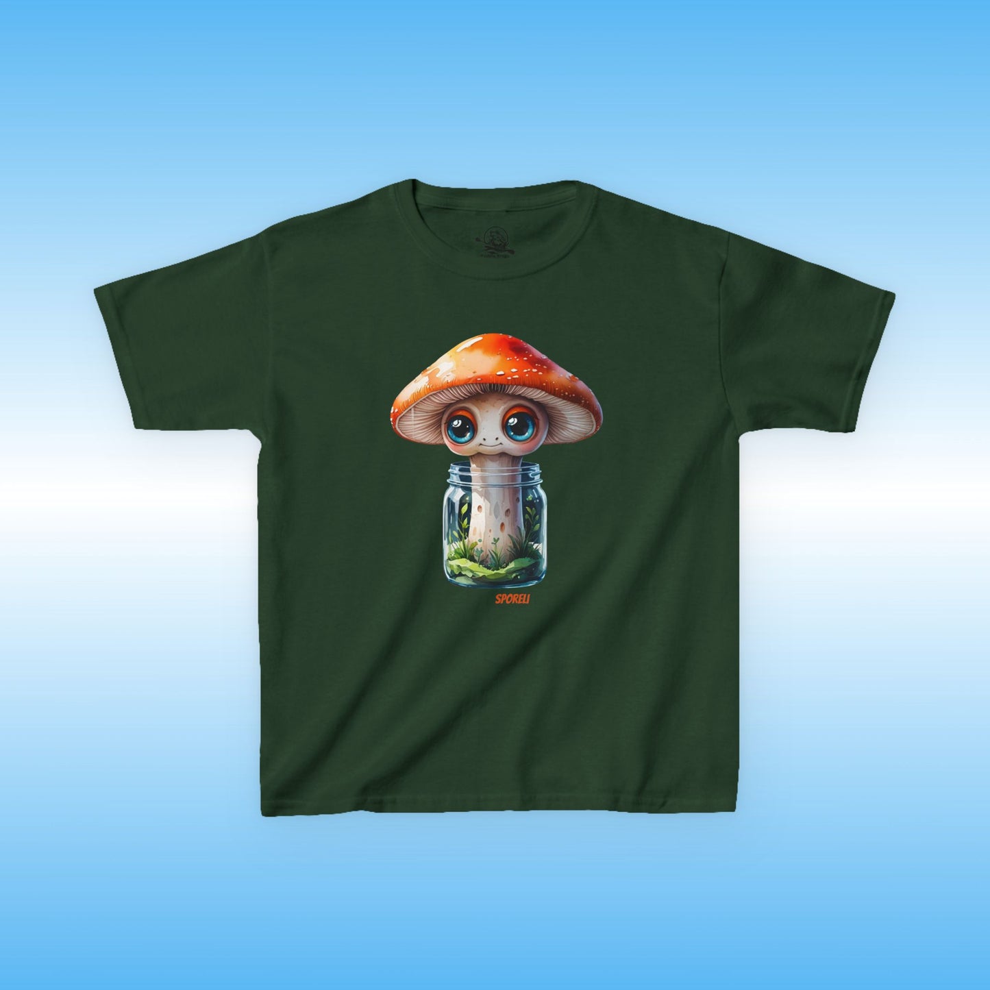 Sporeli Green t-shirt with a cartoon mushroom design on a blue background