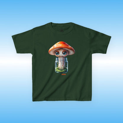Sporeli Green t-shirt with a cartoon mushroom design on a blue background