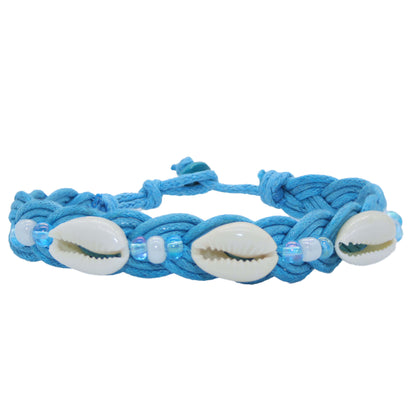 Hand-Braided Cowrie Shell & Seed Bead Bracelet - Blue (USA Made)