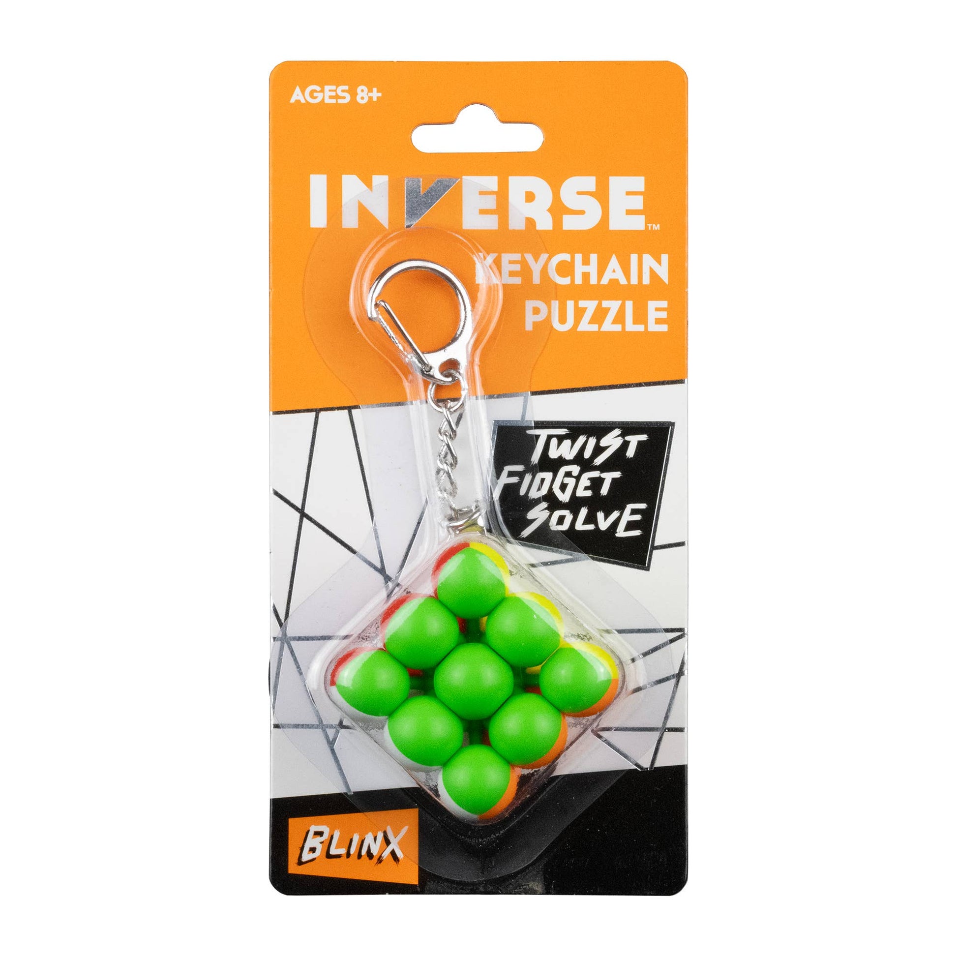 Inverse keychain puzzle with green balls and orange accents on a white background