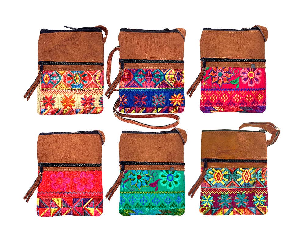 Set of six colorful handbags with patterned designs on a white background