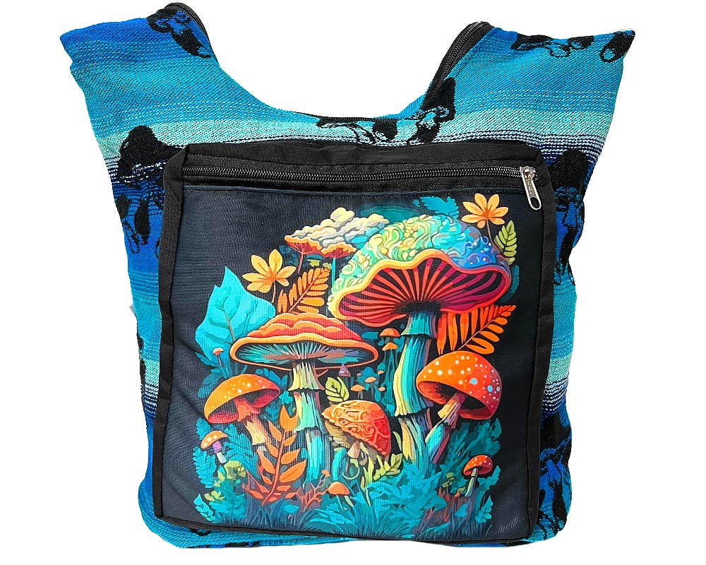 Colorful backpack with mushroom design on a white background