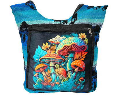 Colorful backpack with mushroom design on a white background