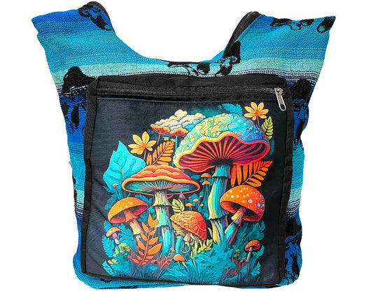 Colorful backpack with mushroom design on a white background