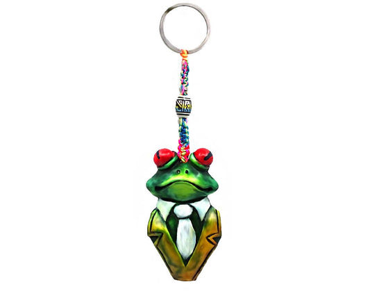 Frog keychain with colorful beads on a white background
