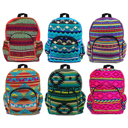Six colorful patterned backpacks arranged in a 2x3 grid on a white background.