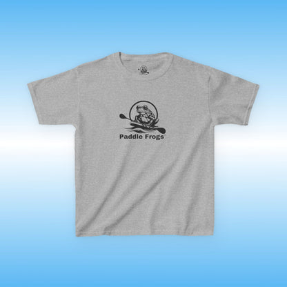 Gray t-shirt with 'Paddle Frogs' logo on a blue gradient background
