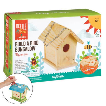 Box for 'Build a Bird Bungalow' kit by Beetle & Bee, featuring a wooden birdhouse and colorful graphics.