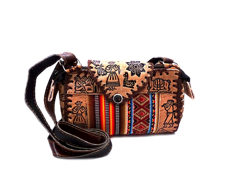 Brown leather handbag with intricate patterns on a white background